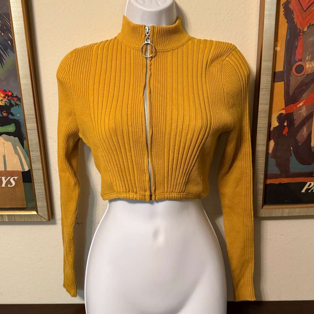 Reformation Golden Ribbed Knit Cropped Zip-up Sweater - Size XXS